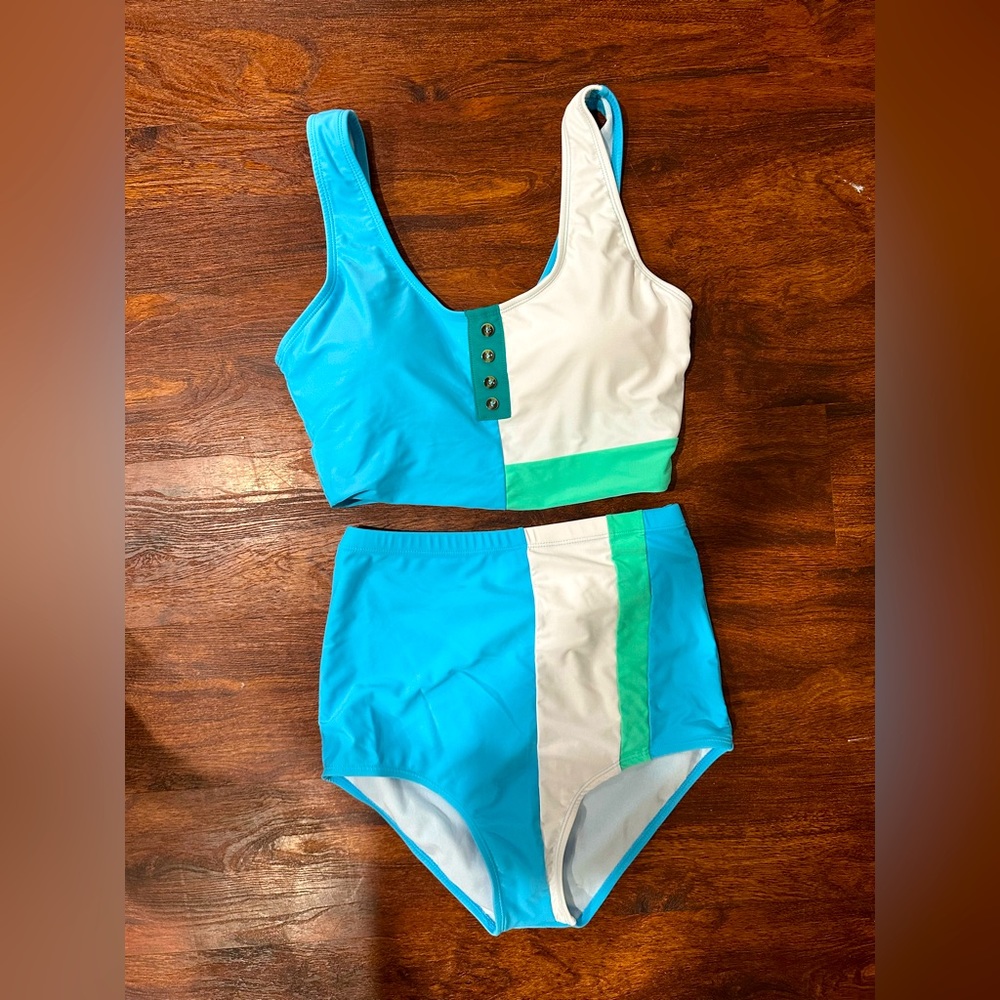 Lime Ricki matching blue striped high waisted bikini set